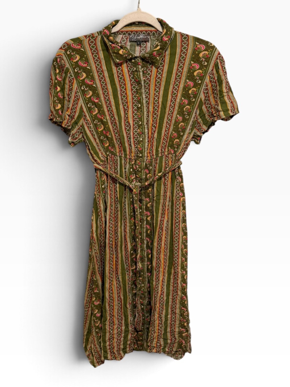 Jane Ashley Olive Green Striped Midi Dress with Pink Accents